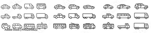 Line art illustrations of various types of vehicles including cars, trucks, and buses in a minimalist style suitable for design projects