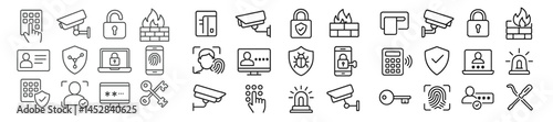 Collection of security icons featuring locks, surveillance cameras, fire alarms, and protective shields in minimalist line design