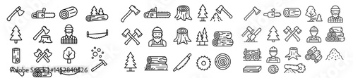 Collection of icons depicting forestry tools and lumberjacks engaged in tree felling and wood processing activities