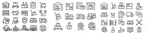 Collection of line icons representing logistics, shipping, and delivery services in a warehouse setting
