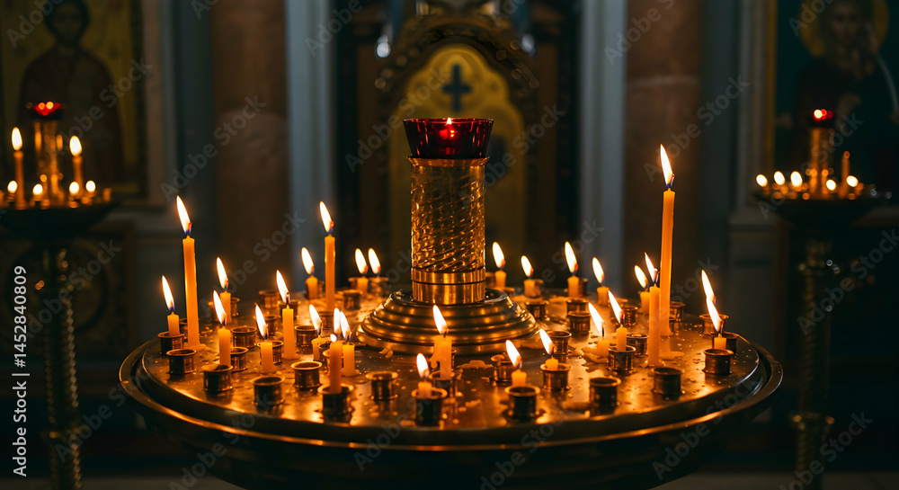 Candles and Lighted Holders in Serene Church Interior Setting