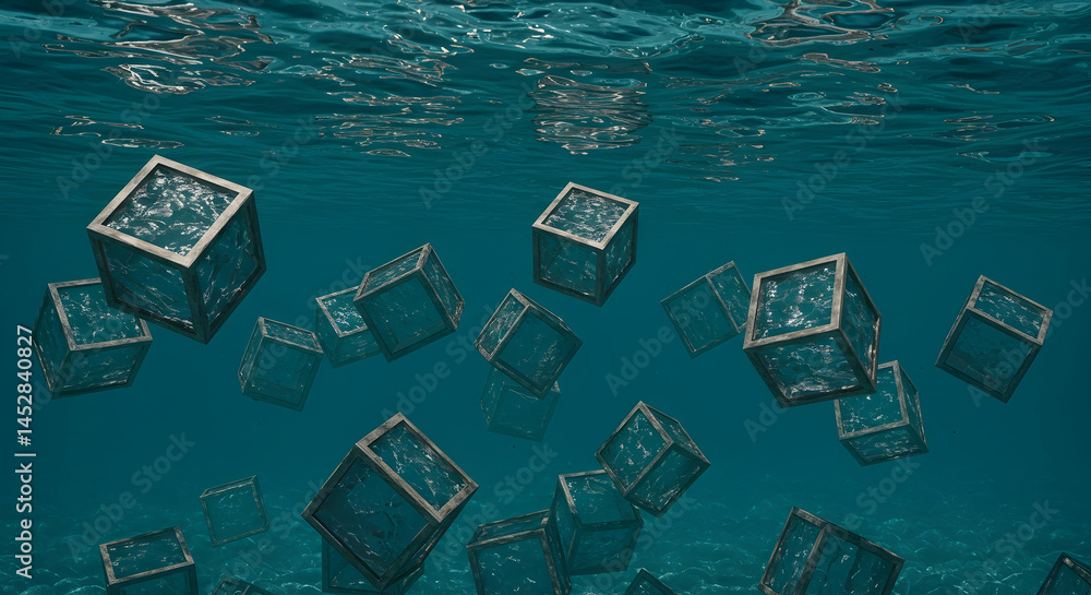 Floating Transparent Cubes Under Water Surface with Gentle Waves