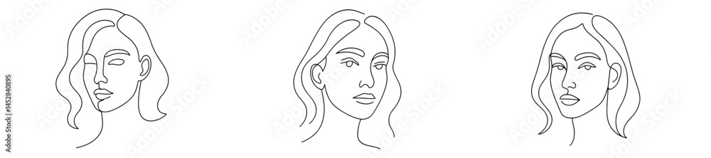 Elegant line art representation of three female faces showcasing different angles and expressions Elegant line art representation of three female faces showcasing different angles and expressions