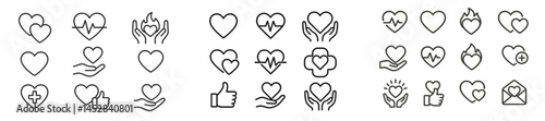 Heart-themed icons displaying various health and wellness symbols with hands and medical graphics in a minimalist design