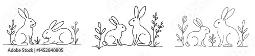 Line art illustrations of rabbits among plants capturing playful and calm moments in a serene setting