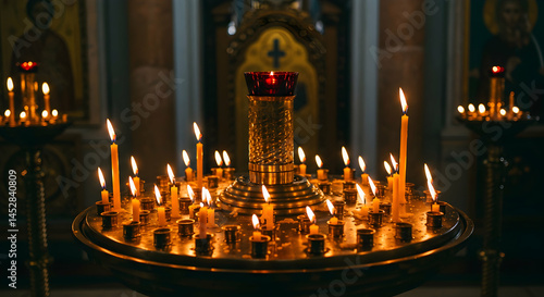 Obraz na płótnie Candles and Lighted Holders in Serene Church Interior Setting w salonie