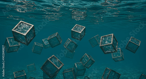 Floating Transparent Cubes Under Water Surface with Gentle Waves