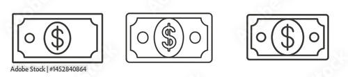 Different designs of dollar bills displayed in simple outlines showcasing their unique features and symbols of currency