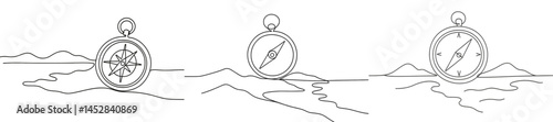 Exploring direction through simple illustrations of compasses and landscapes by the shore