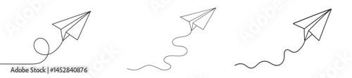 Creative designs of paper airplanes showcasing various flight paths and trajectories in black line art