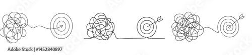 Complex journey of thoughts transforming into a clear goal representation with precision and purpose