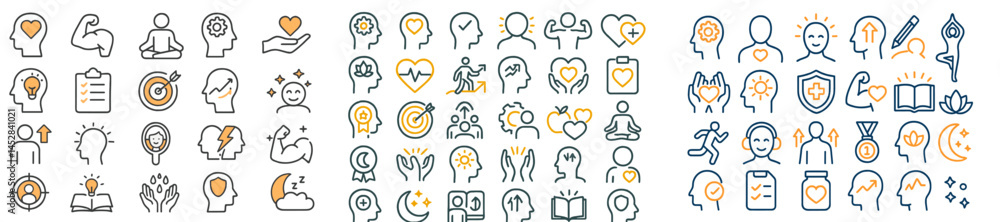 Collection of diverse wellness and mindfulness icons representing mental health and personal growth activities Collection of diverse wellness and mindfulness icons representing mental health and personal growth activities