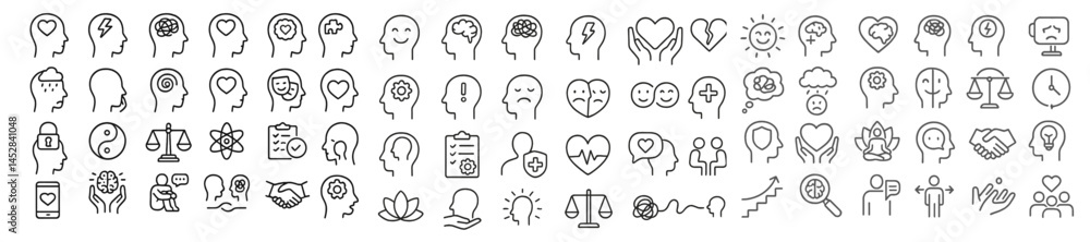 Collection of line icons representing emotions, mental health, and personal growth ideas arranged in a creative layout Collection of line icons representing emotions, mental health, and personal growth ideas arranged in a creative layout