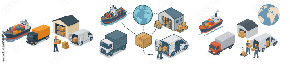 Logistic operations illustrating cargo movement from ships to warehouses and delivery trucks across global supply chains Logistic operations illustrating cargo movement from ships to warehouses and delivery trucks across global supply chains