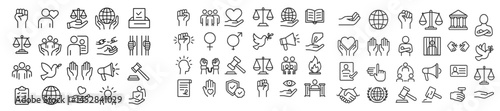 Diverse symbols representing human rights, justice, and social issues arranged in a clear, organized layout for educational purposes