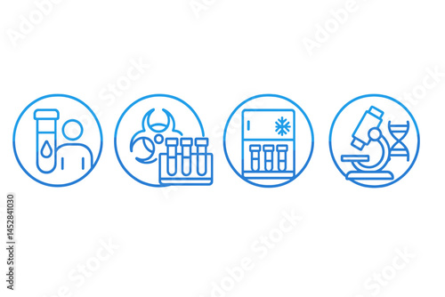 Laboratory icons representing blood tests, biohazard symbols, sample storage, and DNA analysis in a scientific research setting
