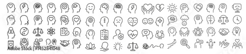 Collection of line icons representing emotions, mental health, and personal growth ideas arranged in a creative layout
