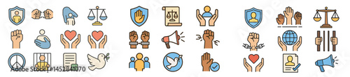 Collection of diverse human rights icons representing justice, peace, activism, and community engagement