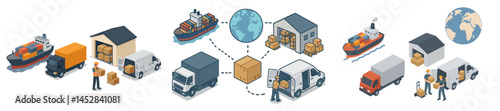 Logistic operations illustrating cargo movement from ships to warehouses and delivery trucks across global supply chains