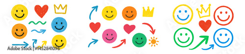 Colorful hand-drawn smiley faces and symbols conveying emotions and positivity