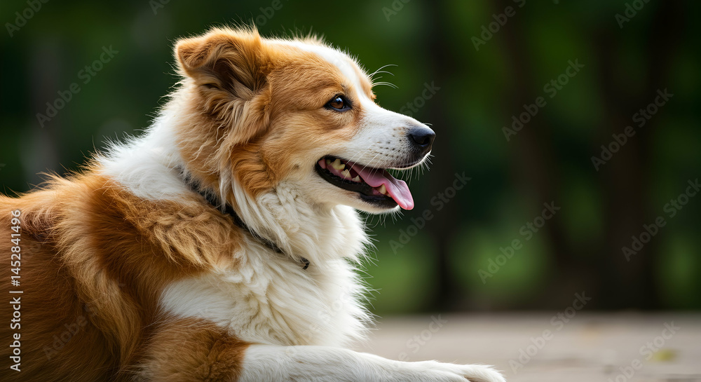 Friendly Dog Sitting Outdoors with Lush Green Background