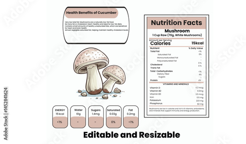 Mushroom Nutrition facts database template design with vector, supplement facts, nutrition facts label, nutrition label, nutritional value, healthy food facts, nutrition information panel.