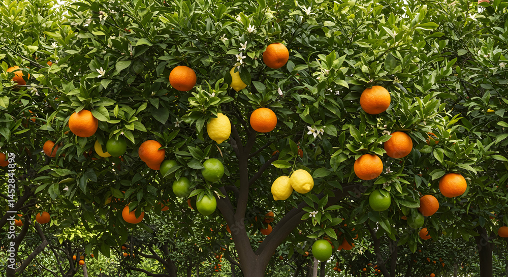 Vibrant Citrus Orchard with Fresh Oranges and Lemons on Trees