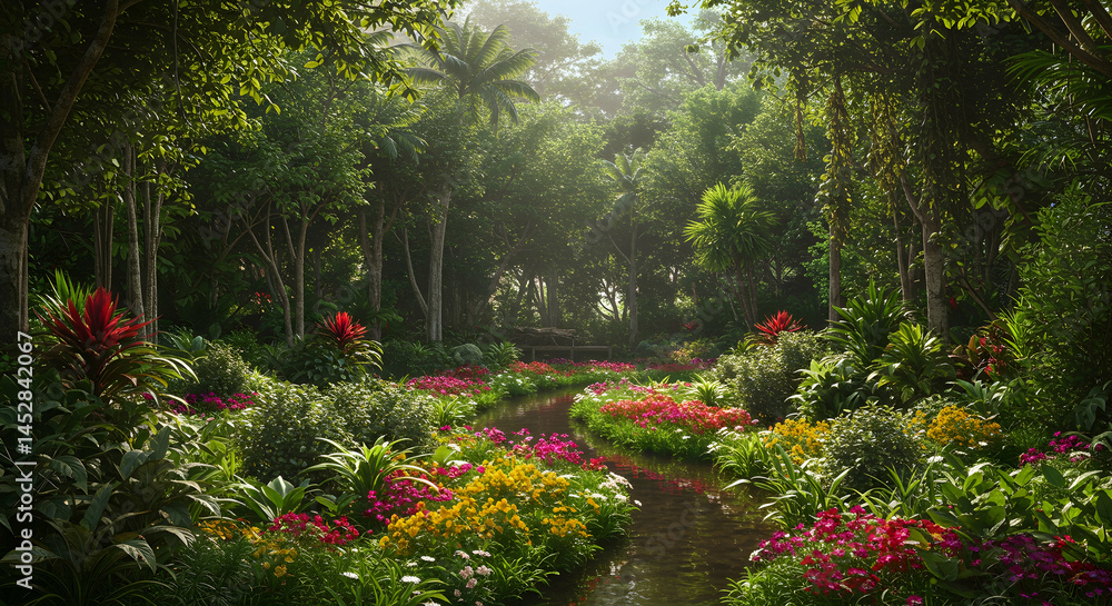 Serene Tropical Garden with Blossoming Flowers and Lush Greenery