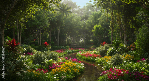 Serene Tropical Garden with Blossoming Flowers and Lush Greenery