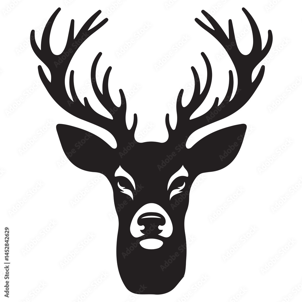 Naklejka premium Black and white illustration, deer head silhouette, majestic antlers, minimalist design, elegant profile, stylized wildlife art, sharp contrast, vector graphic style, iconic logo design.