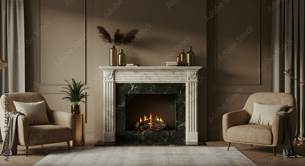 Cozy Living Room with Elegant Fireplace and Comfortable Armchairs