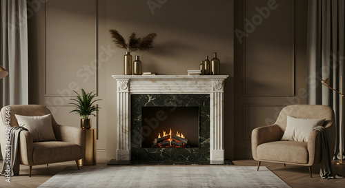 Obraz na płótnie Cozy Living Room with Elegant Fireplace and Comfortable Armchairs w salonie
