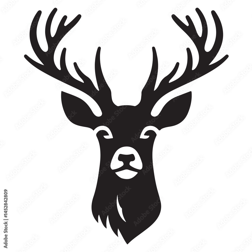 Naklejka premium Black and white illustration, deer head silhouette, majestic antlers, minimalist design, elegant profile, stylized wildlife art, sharp contrast, vector graphic style, iconic logo design.