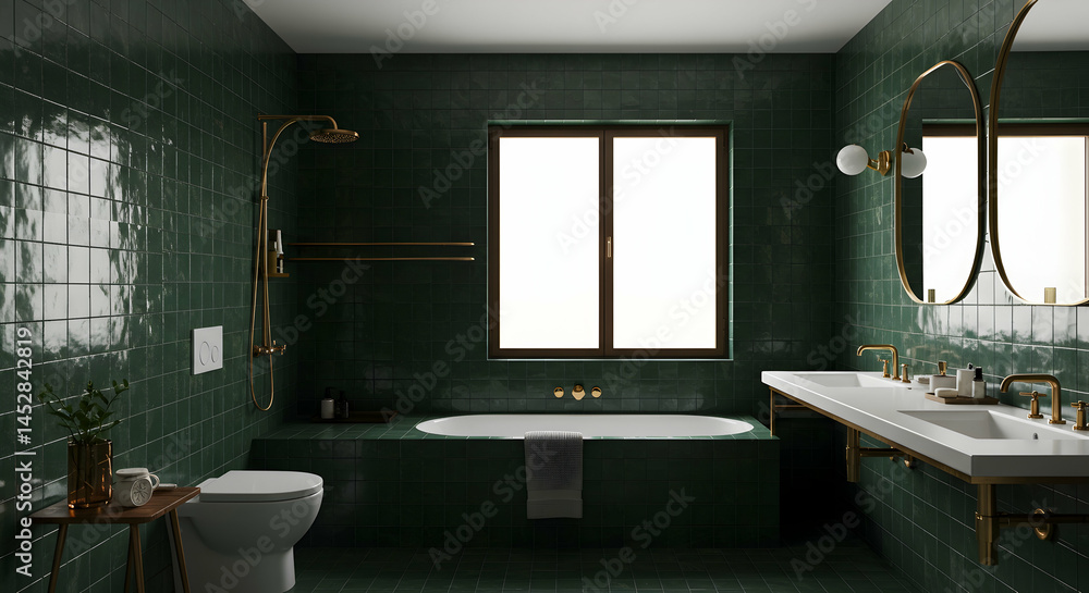 Elegant and Modern Bathroom with Green Tiles and Gold Accents