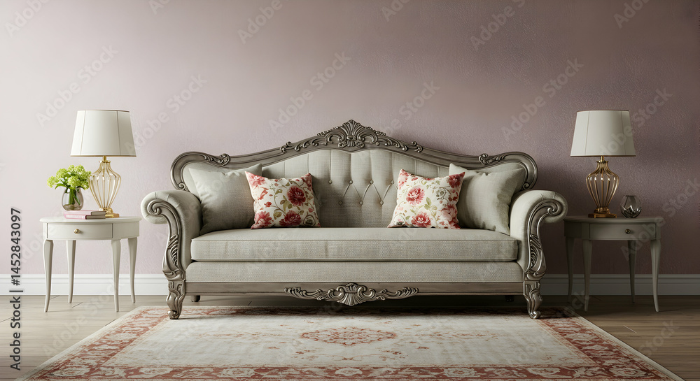 Elegant Vintage Sofa in Chic Living Room with Floral Accents