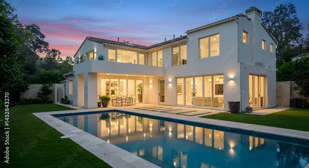 Elegant Modern Home with Pool at Sunset, Beautiful Architecture