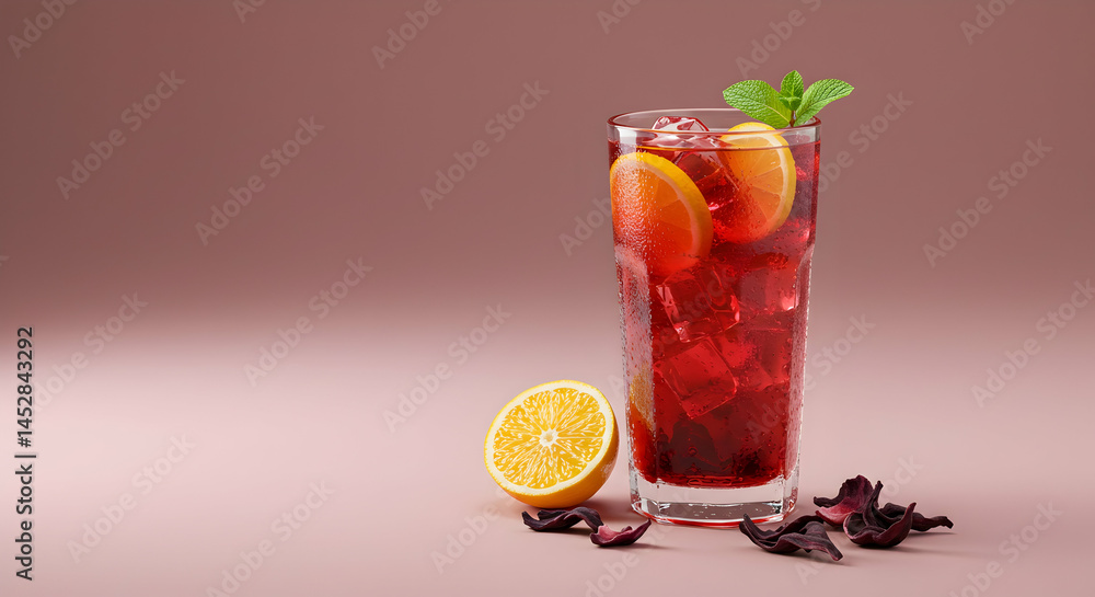 Refreshing Hibiscus Drink with Citrus Garnish and Ice Cubes
