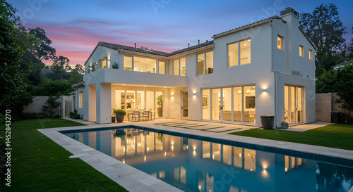 Obraz na płótnie Elegant Modern Home with Pool at Sunset, Beautiful Architecture w salonie
