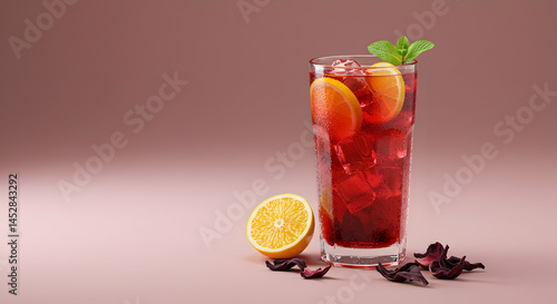 Obraz na płótnie Refreshing Hibiscus Drink with Citrus Garnish and Ice Cubes w salonie