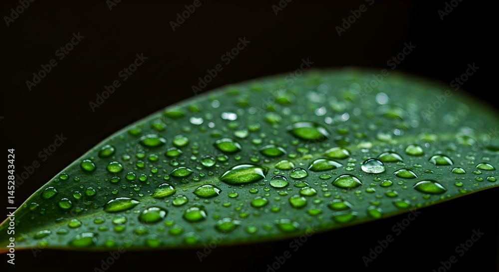 Leaf with Water Drops Close-Up Against Dark Background