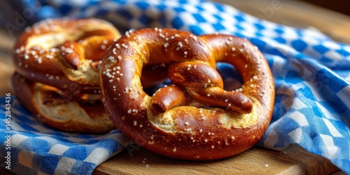 freshly baked bavarian pretzels topped with salt on checkered cloth representing oktoberfest tradition
