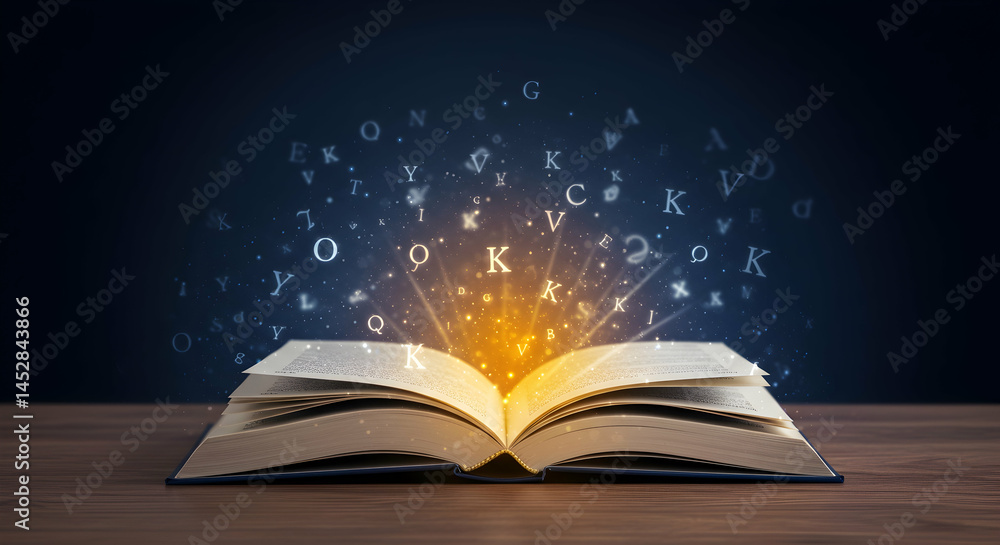 Mystical Open Book with Floating Letters and Magical Light Effects