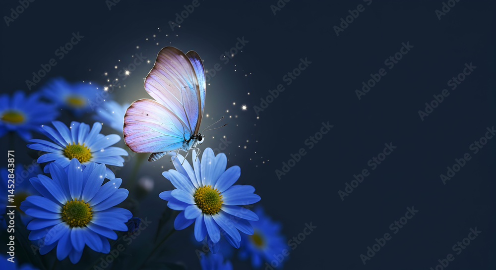Delicate Butterfly on Blue Flowers with Magical Glow Effects