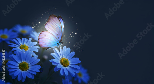 Obraz na płótnie Delicate Butterfly on Blue Flowers with Magical Glow Effects w salonie