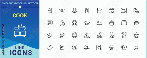 Set of Cook line icon. It contains symbols to bake, chef, food and more. Cooking icon set in linear style. Simple line vector icons. Editable vector art and illustration.