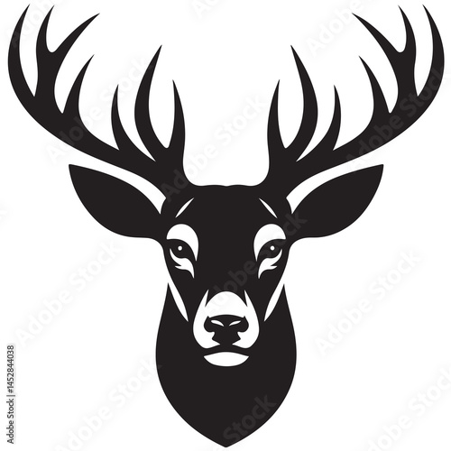 Black and white illustration, deer head silhouette, majestic antlers, minimalist design, elegant profile, stylized wildlife art, sharp contrast, vector graphic style, iconic logo design.