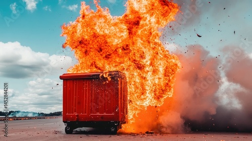 Inferno Red dumpster engulfed in flames with dramatic outdoor fire scene.