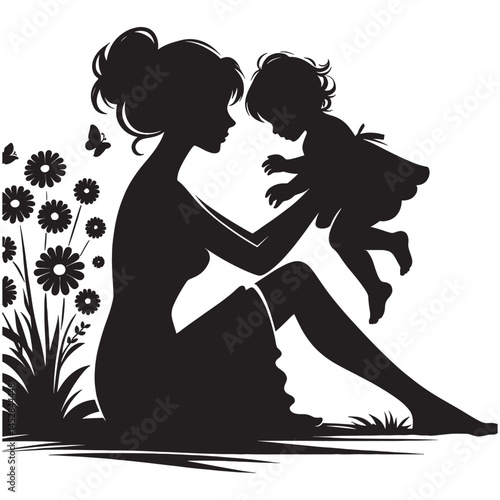  Silhouette art of mother and child in garden with flowers and butterfly graphic design element art, mothers day