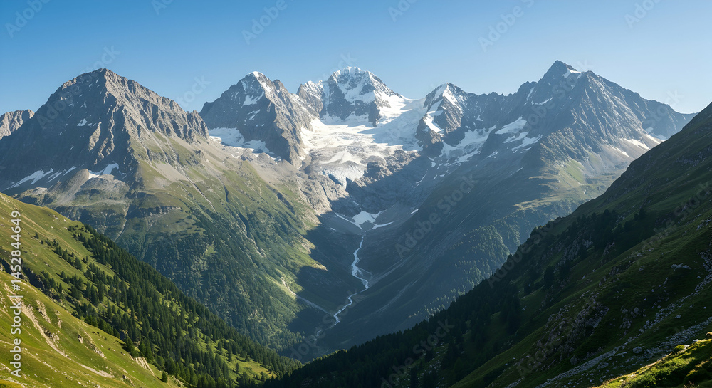 Obraz premium Majestic Mountain Landscape with Snow-Capped Peaks and Green Hills