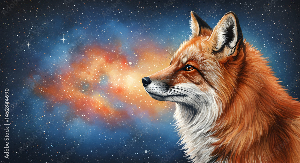 Fototapeta premium Majestic Fox in Cosmic Space with Vibrant Starry Background